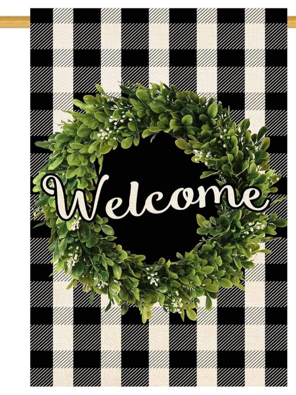 Boxwood Wreath Welcome House Flag Vertical Double Sided, Buffalo Check Plaid Rus
